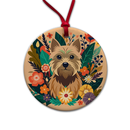 Cairn Terrier Dog Floral Flowers Round Ceramic Holiday Christmas Tree Ornament