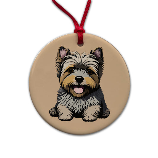 Cairn Terrier Dog Sitting Round Ceramic Holiday Christmas Tree Ornament