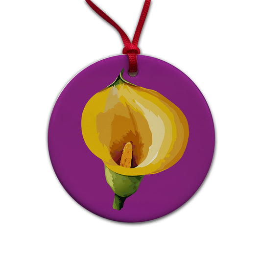 Calla Lily Flower Yellow Round Ceramic Holiday Christmas Tree Ornament