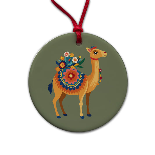 Camel Floral Flowers Round Ceramic Holiday Christmas Tree Ornament