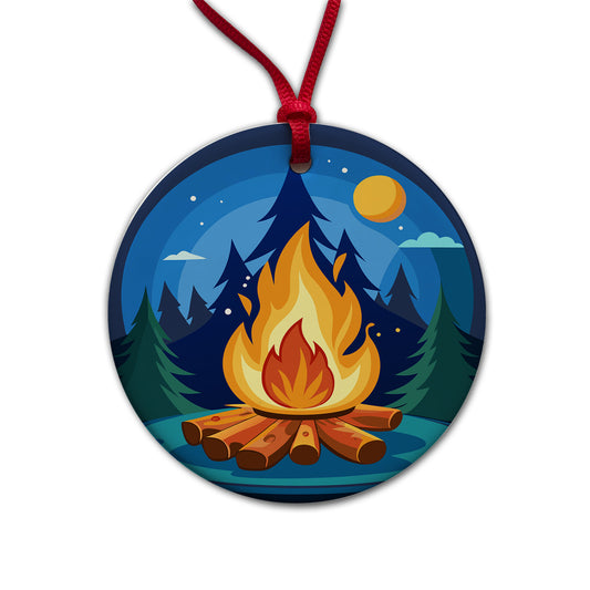 Camp Fire Camping Round Ceramic Holiday Christmas Tree Ornament