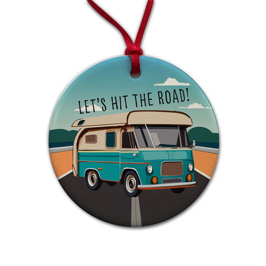 Camper RV Retro Vintage Traveling Hit the Road Camping Round Ceramic Holiday Christmas Tree Ornament