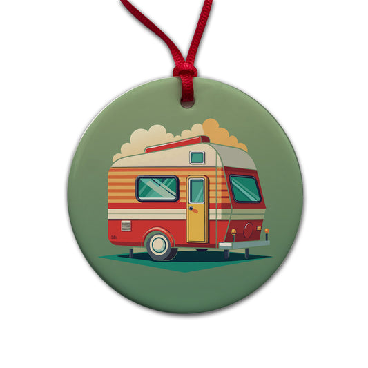 Camper RV Trailer Retro Round Ceramic Holiday Christmas Tree Ornament