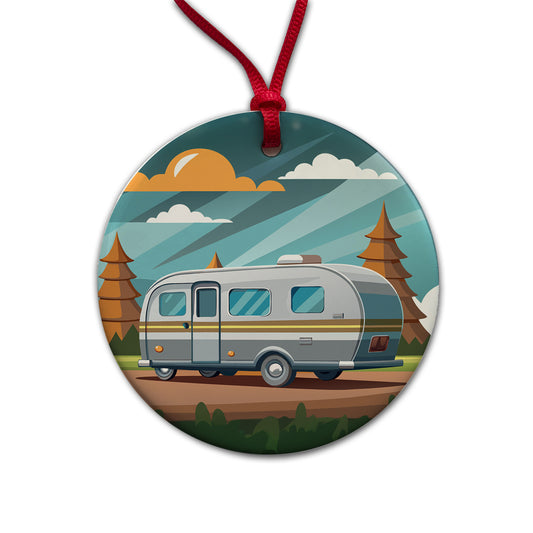 Camper RV Trailer Traveling Road Trip Round Ceramic Holiday Christmas Tree Ornament