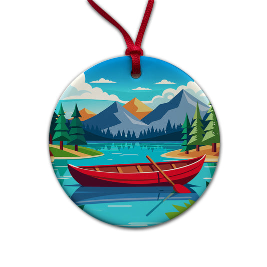 Canoe on Lake Red Round Ceramic Holiday Christmas Tree Ornament