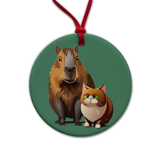 Capybara and Cat Best Friends BFF Cute Round Ceramic Holiday Christmas Tree Ornament