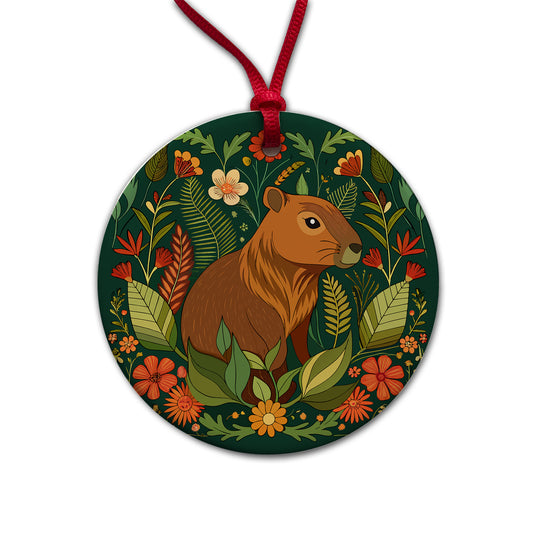 Capybara Botanical Art Nouveau Round Ceramic Holiday Christmas Tree Ornament