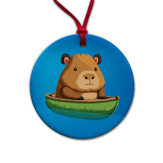 Capybara Canoeing Canoe Funny Round Ceramic Holiday Christmas Tree Ornament