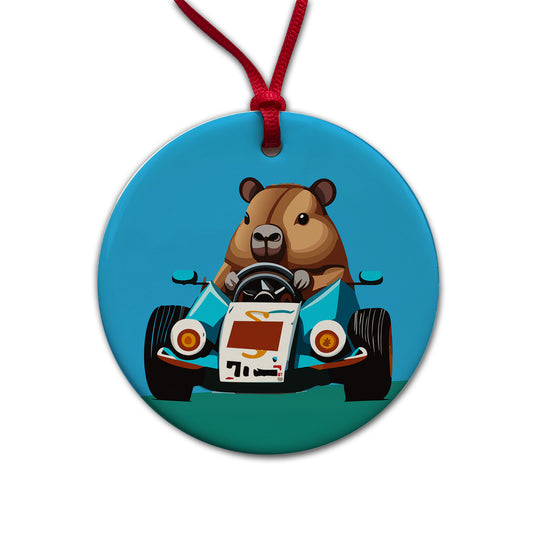 Capybara Driving Race Car Funny Round Ceramic Holiday Christmas Tree Ornament