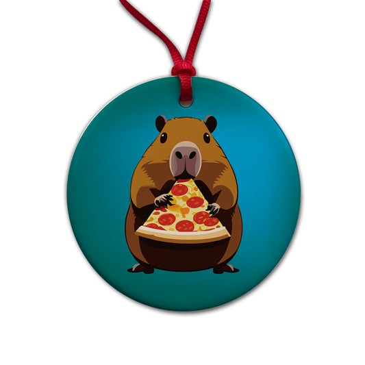 Capybara Eating Pizza Funny Round Ceramic Holiday Christmas Tree Ornament