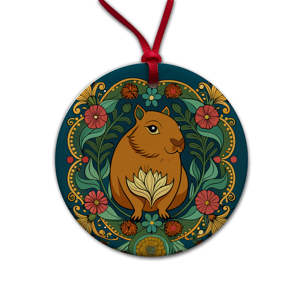 Capybara Floral Art Nouveau Flowers Elegant Round Ceramic Holiday Christmas Tree Ornament