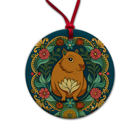 Capybara Floral Art Nouveau Flowers Elegant Round Ceramic Holiday Christmas Tree Ornament