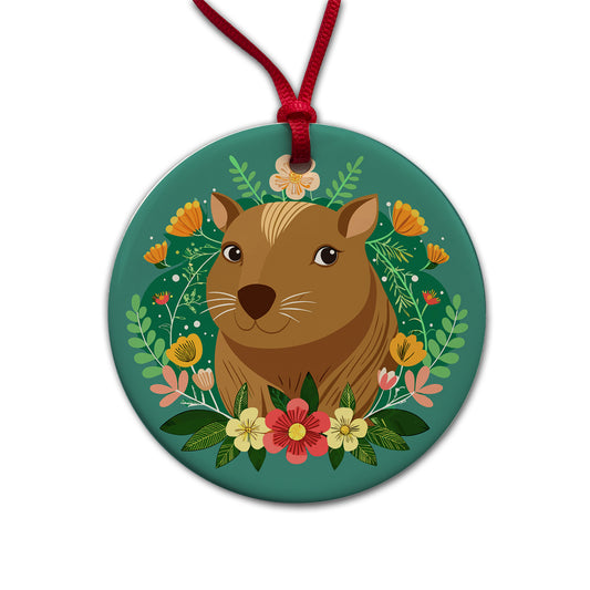 Capybara Head Floral Flowers Round Ceramic Holiday Christmas Tree Ornament