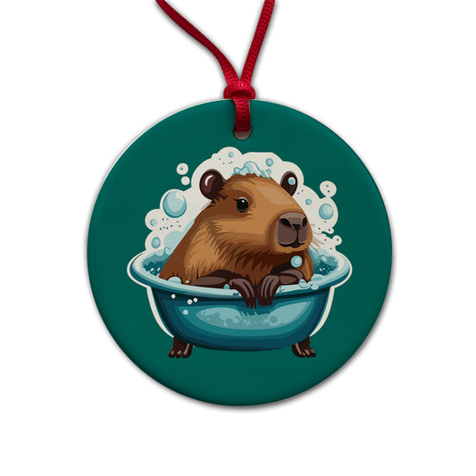 Capybara in Bubble Bath Bathing Funny Round Ceramic Holiday Christmas Tree Ornament