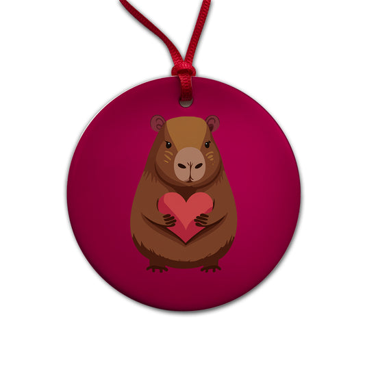 Capybara Love Holding Heart Valentines Day Anniversary Round Ceramic Holiday Christmas Tree Ornament