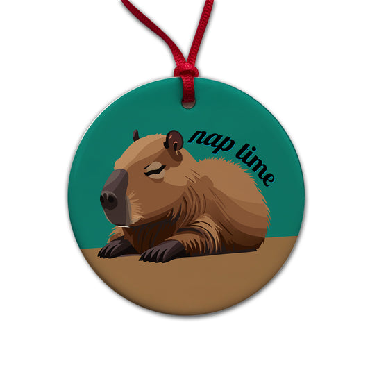 Capybara Nap Time Napping Sleeping Tired Round Ceramic Holiday Christmas Tree Ornament