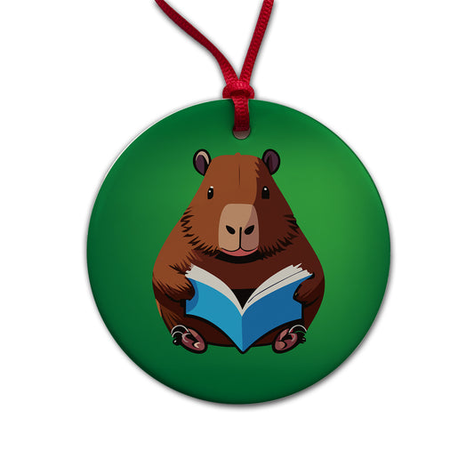 Capybara Reading Book Reader Round Ceramic Holiday Christmas Tree Ornament