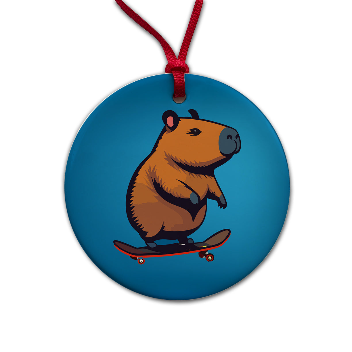 Capybara Riding Skateboard Skater Funny Round Ceramic Holiday Christmas Tree Ornament