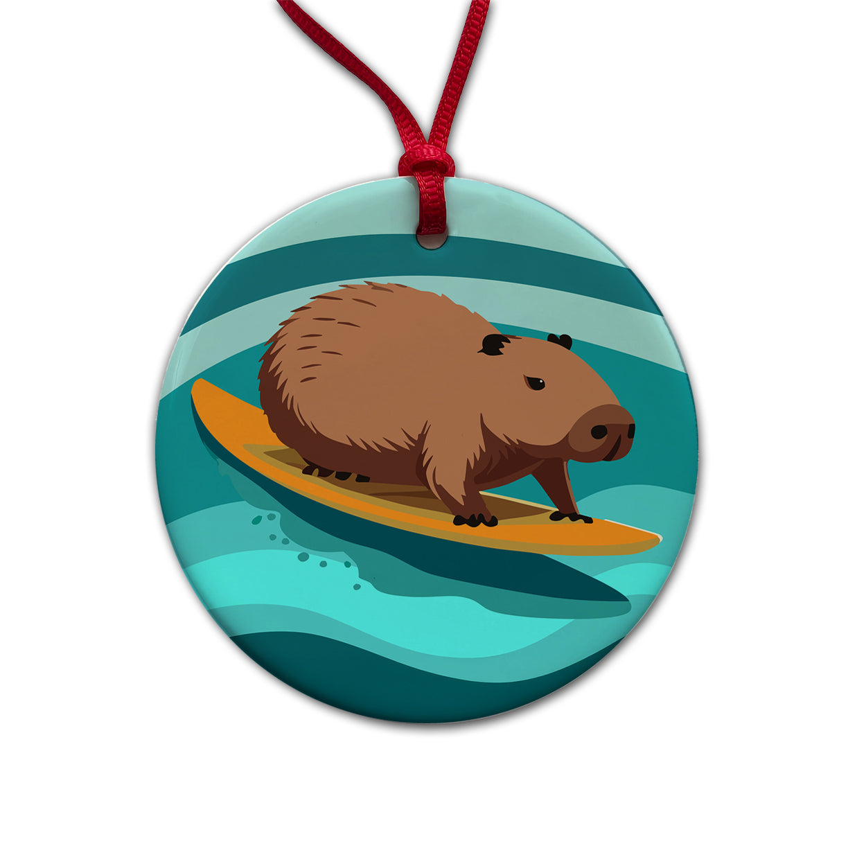 Capybara Surfing Surfer Ocean Funny Round Ceramic Holiday Christmas Tree Ornament