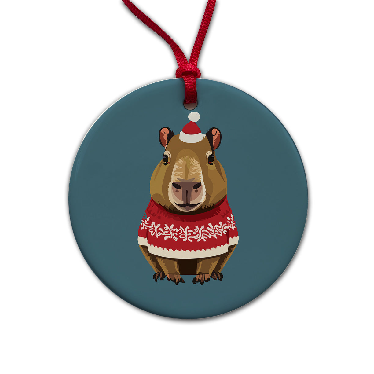 Capybara Wearing Christmas Sweater Funny Round Ceramic Holiday Christmas Tree Ornament