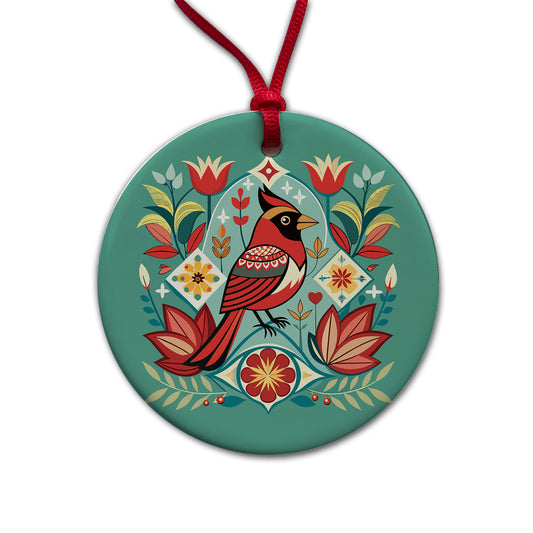 Cardinal Bird Floral Flowers Round Ceramic Holiday Christmas Tree Ornament