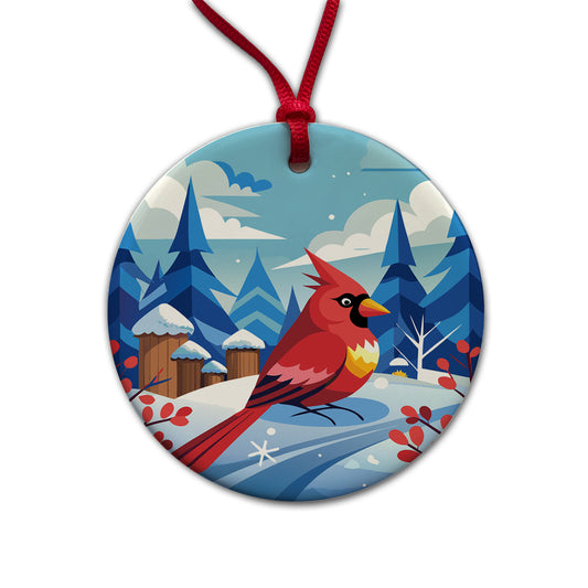 Cardinal in Winter Snow Scene Round Ceramic Holiday Christmas Tree Ornament