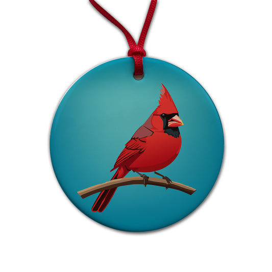 Cardinal Red on Branch Round Ceramic Holiday Christmas Tree Ornament