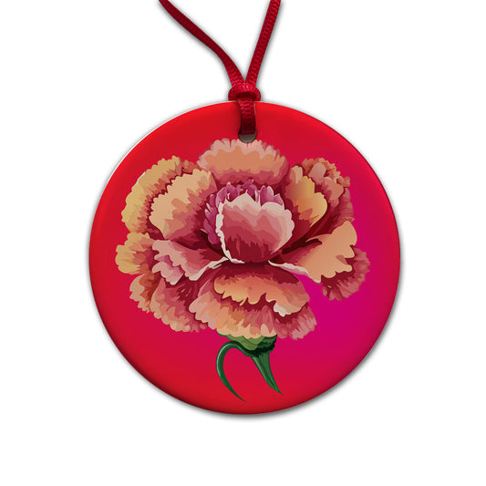 Carnation Flower Watercolor Round Ceramic Holiday Christmas Tree Ornament