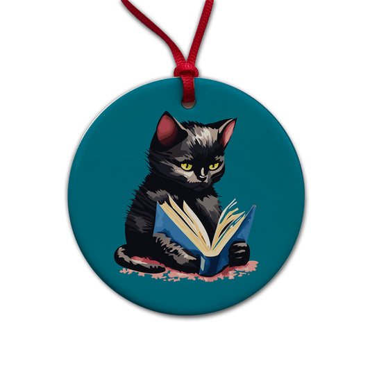 Cat Black Reading Book Reader Round Ceramic Holiday Christmas Tree Ornament