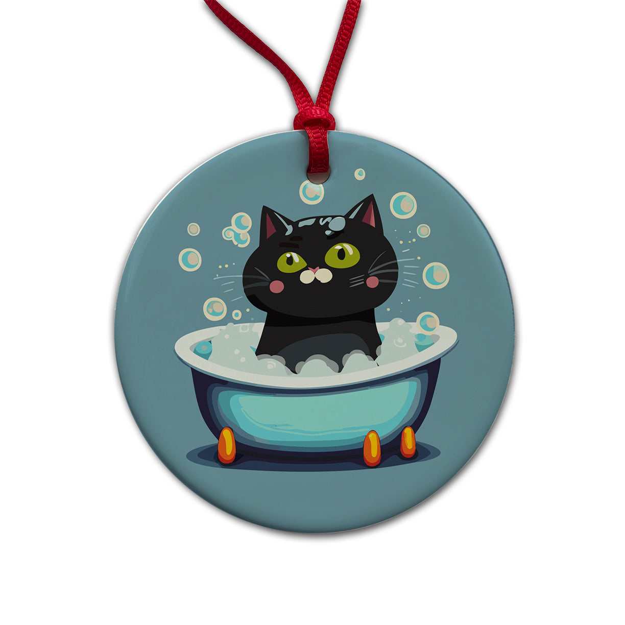 Cat Black Taking Bubble Bath Round Ceramic Holiday Christmas Tree Ornament