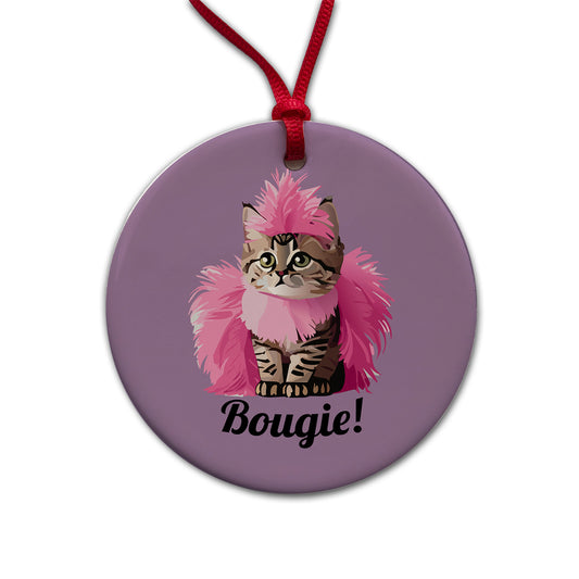 Cat Bougie Funny Pink Feather Boa Round Ceramic Holiday Christmas Tree Ornament
