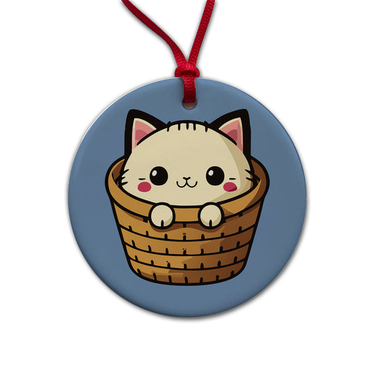 Cat Cute Chibi in Basket Round Ceramic Holiday Christmas Tree Ornament