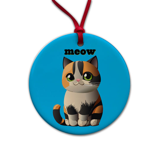 Cat Cute Meow Round Ceramic Holiday Christmas Tree Ornament