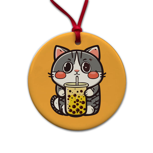 Cat Drinking Boba Bubble Tea Round Ceramic Holiday Christmas Tree Ornament