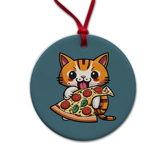 Cat Eating Pizza Funny Round Ceramic Holiday Christmas Tree Ornament