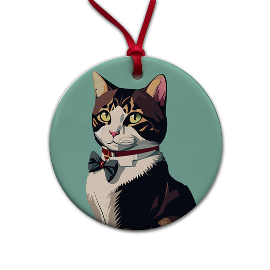 Cat Fancy with Bowtie Round Ceramic Holiday Christmas Tree Ornament