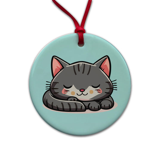 Cat Gray Sleeping Round Ceramic Holiday Christmas Tree Ornament