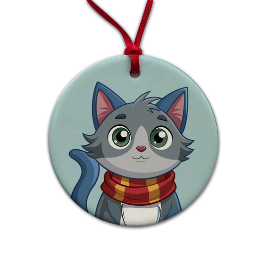 Cat Gray Wearing Winter Scarf Round Ceramic Holiday Christmas Tree Ornament