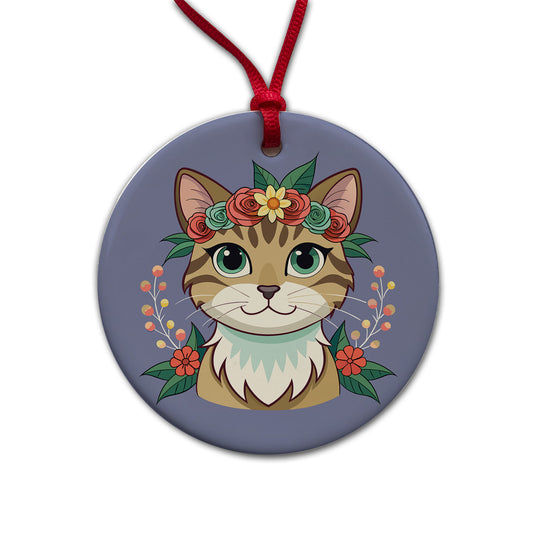 Cat Head Floral Flowers Round Ceramic Holiday Christmas Tree Ornament