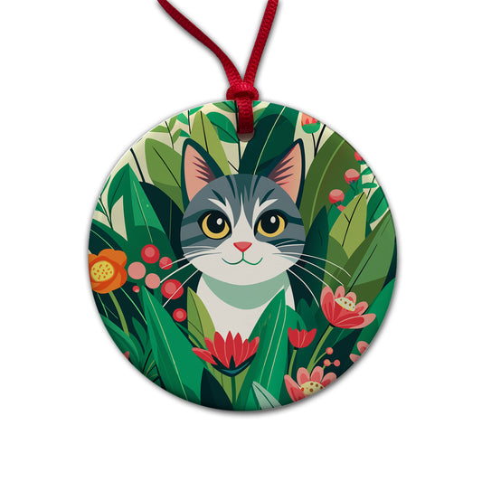 Cat Hiding in Flower Garden Round Ceramic Holiday Christmas Tree Ornament