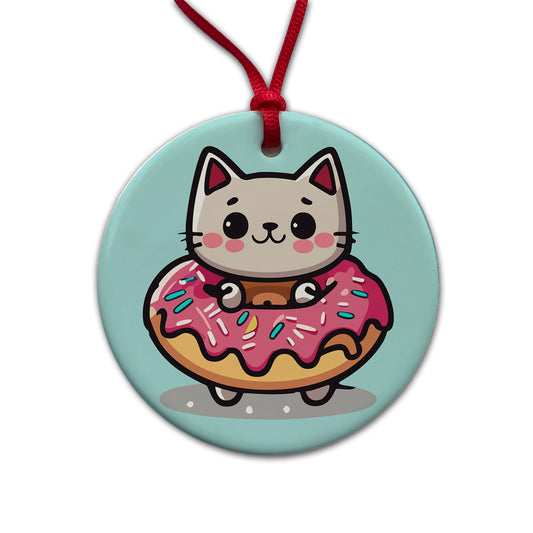Cat Kawaii Cute in Donut Round Ceramic Holiday Christmas Tree Ornament
