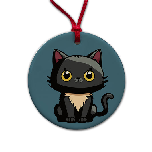 Cat Kitty Chibi Round Ceramic Holiday Christmas Tree Ornament