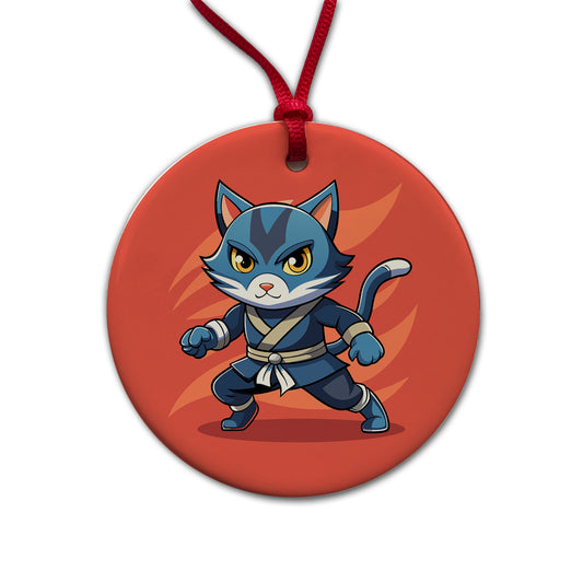 Cat Ninja Round Ceramic Holiday Christmas Tree Ornament