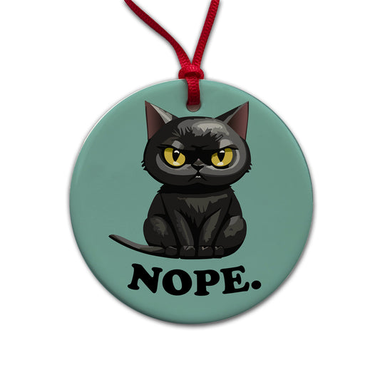 Cat Nope Funny Black Round Ceramic Holiday Christmas Tree Ornament