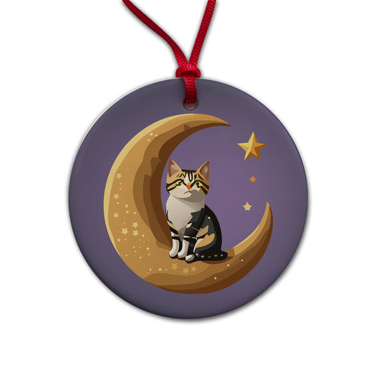 Cat on Crescent Moon Stars Cute Round Ceramic Holiday Christmas Tree Ornament
