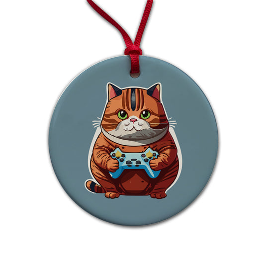 Cat Playing Game Gamer Gaming Chubby Round Ceramic Holiday Christmas Tree Ornament