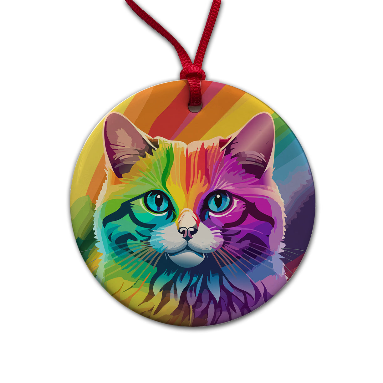 Cat Rainbow Round Ceramic Holiday Christmas Tree Ornament
