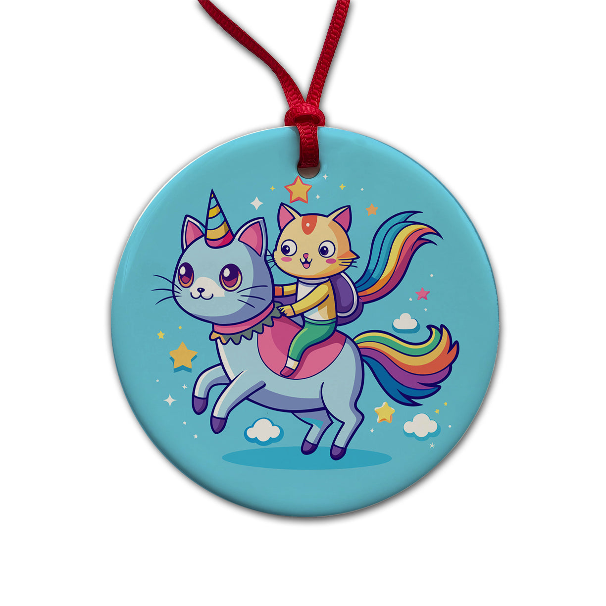 Cat Riding Caticorn Unicorn Funny Round Ceramic Holiday Christmas Tree Ornament
