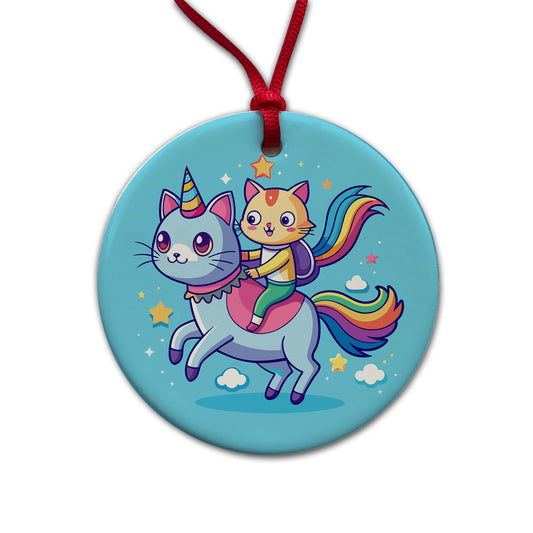 Cat Riding Caticorn Unicorn Funny Round Ceramic Holiday Christmas Tree Ornament