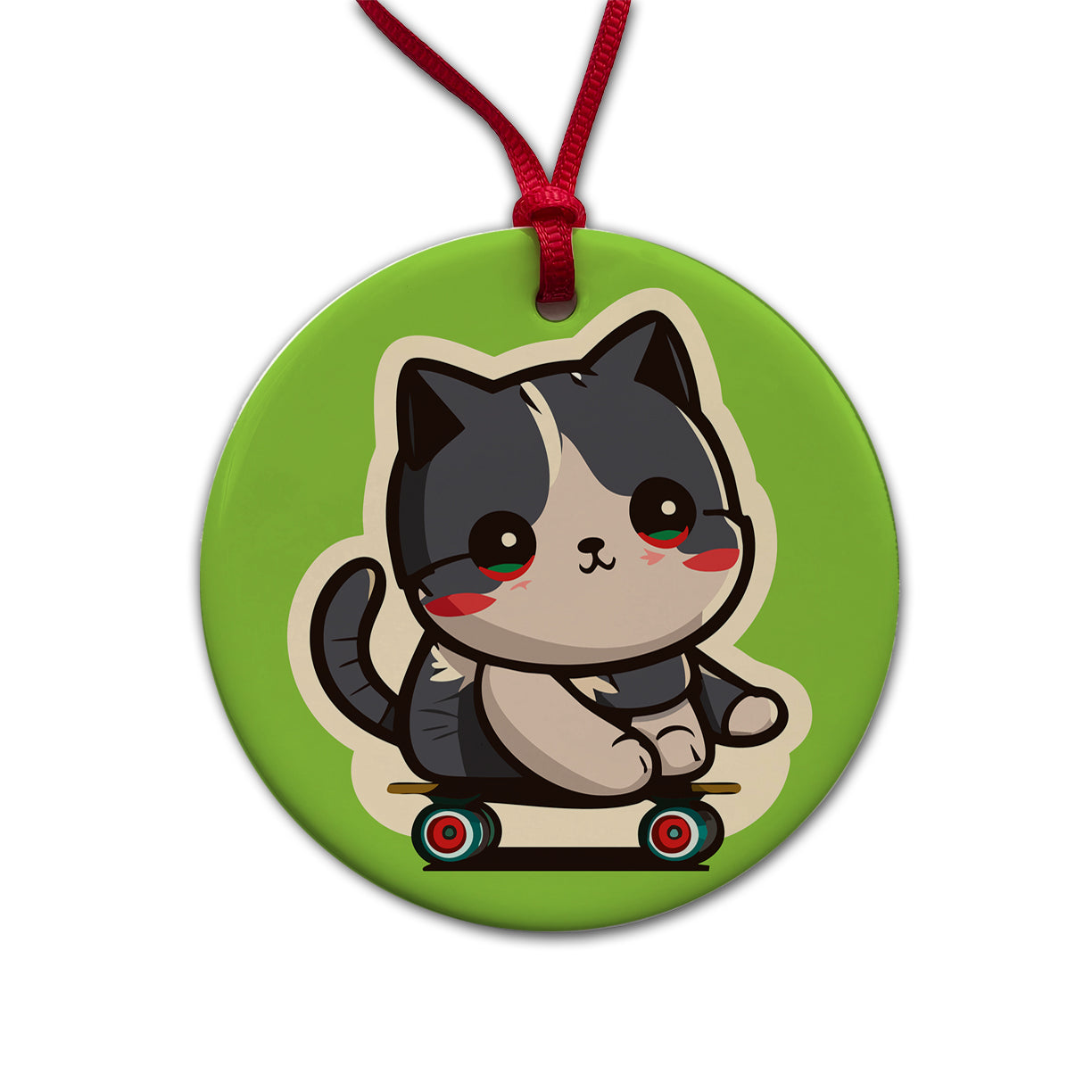 Cat Riding Skateboard Skater Kawaii Cute Round Ceramic Holiday Christmas Tree Ornament